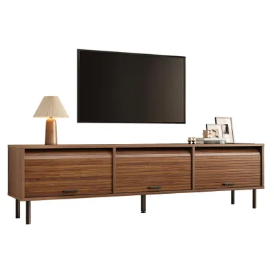 Produktbild von Lowboard 180 cm, TV-Schrank mit 3 Schiebetüren, vertikaler Rillenoptik, schwarzen Metallfüßen, Fernsehkommode TV-Board für Wohnzimmer, Nussbaum