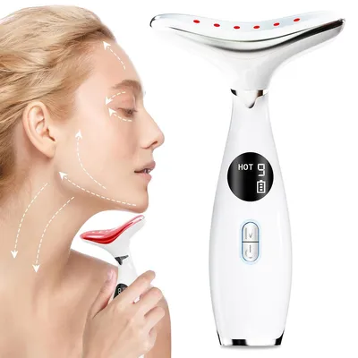 Produktbild von EMS Hals- und Gesichtsgerät mit LED Lichttherapie, Vibration, 3 Modi, Wärmefunktion, straffende Anti-Falten Pflege für Gesicht und Hals