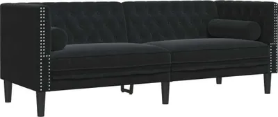 Zdjęcie produktu dla Sofa Chesterfield z wałkami, trzyosobowa, czarna, aksamit