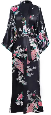 Obrázek produktu pro BABEYOND Dámské kimono, dlouhá saténová róba s potiskem pávů a květin