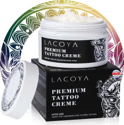 Produktbild von LACOYA® Tattoo Creme - Premium Tattoo Butter 250ml - Frisches Tattoo Pflegecreme - 100% Vegan Brightening Balm beschleunigt die Heilung - Skin Med Tattoo Pflege - Hergestellt in DE