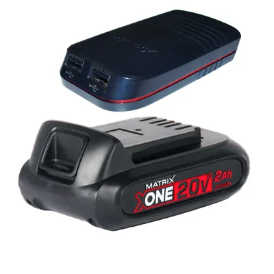 Produktbild von MATRIX Akku-Set 20V, Ersatzakku 2Ah und USB-Adapter, verwandelt Akku in Powerbank, kompatibel mit X-ONE und Kawasaki Power 20, 2 USB-Anschlüsse
