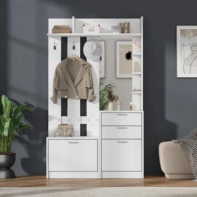 Image de Porte-manteau, étagère à chaussures, armoire, 2 tiroirs, 2 rangements à chaussures escamotables, 3 crochets, un miroir, et trois étagères