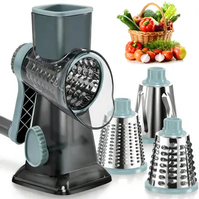 Produktbild von Gemüseschneider, Automatisch Gemüsehobel, Spiralschneider, Zerkleinerer, Salatschneider, Käsereibe, Gemüsehobel aus Edelstahl, mit 3 Wechselklingen