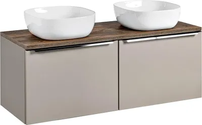 Produktbild von Waschtischunterschrank Set 120cm in taupe mit Vintage Eiche PUEBLA-56-TAUPE 2 Keramikbecken, 2 Softclose-Schubkästen, B/H/T 120,4/62,5/46 cm
