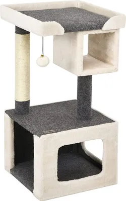 A cat tree with multiple levels and scratching posts.