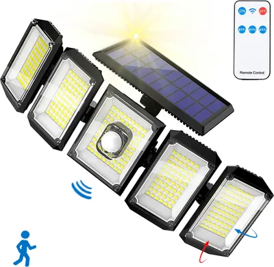Produktbild von 300 Ledowe lampy solarne z czujnikiem ruchu 360° 5 głowic Ogrodowe lampy solarne z pilotem do zewnętrznego słonecznego światła ściennego Zewnętrzna lampa ogrodowa Światła ogrodowe