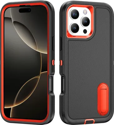 Produktbild von Hülle für iPhone 16 Pro Max Hybrid Dreilagige Robust Stoßfest Schwerlast Schutzhülle mit Ständer Schwarz Orange