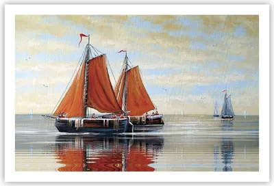 Produktbild von Poster - Poster ohne Rahmen - Segelschiffe Öl Orange - 91,5x61 cm - Wand Bild - Wanddeko - Wandbilder - Kunstposter - Wandposter - Bilder - Kunstdruck - Wanddekoration - Wandbild - P2XAA91x61-4404