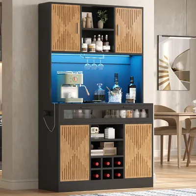 Produktbild von Flieks Küchenschrank mit LED-Beleuchtung, Steckdosen, Vorratsschrank mit Klapptür aus Glas, Glashalter und Weinregal, Sideboard, Natur