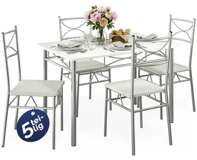 Produktbild von CASARIA® Esstisch mit 4 Stühlen Holz 5-tlg Set Metall 110x70cm Industrial Esszimmer Küche Stühle Tisch Möbel Essgruppe Sitzgruppe Paul Weiß