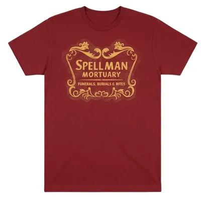 Image de T-shirt unie "Spellman Mortuary" de la série "The Chilling Adventures Of Sabrina", pour hommes et femmes, modèle TV35760 (taille M), couleur cardinal