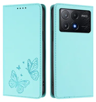 Obrázek produktu pro Kožené pouzdro pro Xiaomi Poco X6 Pro, motýlí ražbou, peněženkové flip pouzdro se stojánkem Mátově zelená