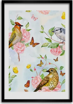 Produktbild von Bild - Bilderrahmen - 50 cm x 70 cm - MDF - Rahmen - Wandkunst Vögel Schmetterlinge Blumen
