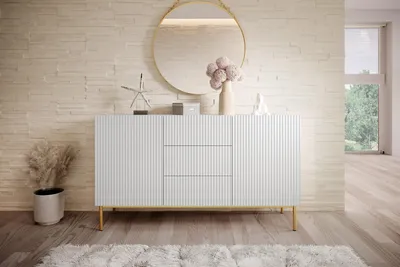 Zdjęcie produktu dla KOMODA biała z szufladami do salonu sypialni pojemna 150 cm złote nóżki