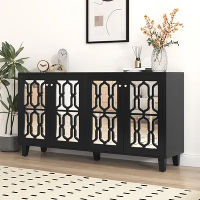 Image de Buffet, Avec 4 Portes à Miroir, Stratifié Mobile, Poignées En Cristal Froid, Noir