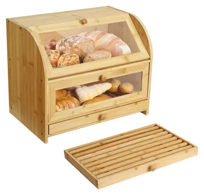 Obrázok produktu pre Bambusová nádoba na chlieb - Veľká nádoba na chlieb s 2 poschodiami - Drevená nádoba na chlieb so zásuvkou - Doska na krájanie chleba - Vhodné na skladovanie potravín - Udržateľné a ekologické - Kontajner na chlieb