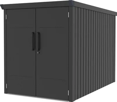 A dark gray metal bicycle garage with double doors.