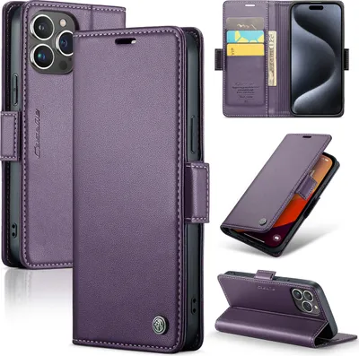 Produktbild von iPhone 15 Pro Max Hülle, Leder Brieftasche Kartenfach Schutzhülle mit Standfunktion für iPhone 15 Pro Max Lila