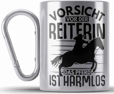 Produktbild von Trendation - Lustige Reiter Sprüche Geschenk Edelstahl Tasse Karabiner Reiterin Pferde Mädchen Geschenkidee Vorsicht Vor Der Reiterin (Silber)