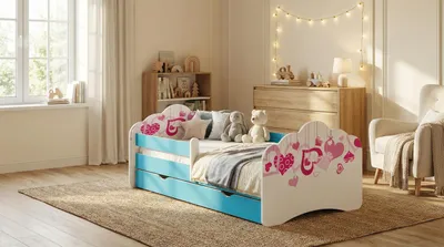 Obrázek produktu pro Dětská postýlka Happy Babies Mobi – s matrací, zásuvkou a ochranou proti vypadnutí, rozměry 80x160 cm, dětská postýlka pro dívky a mládežnická postel pro chlapce (č. 2)