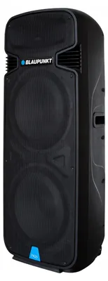 A black Blaupunkt PA25 portable speaker with two large woofers and a tweeter. The speaker is standing upright on a slight incline.