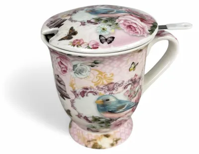 Produktbild von Vintage Keramik Teetasse mit Sieb, Löffel und Deckel (Vöglein), Asiatisches Motiv, Porzellan, Tee-Becher