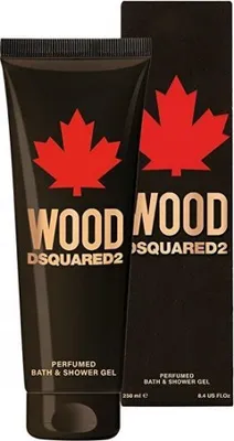 A black tube of Dsquared2 Wood shower gel and its matching black box packaging, both featuring a red maple leaf logo and gold text.