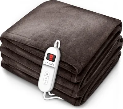 A folded brown plush electric blanket with a white controller attached.