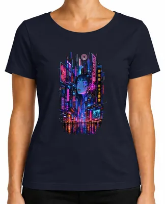 Imagen del producto de Camiseta para mujer con diseño de "Ciudad cyberpunk, Tokio, neón, anime, chica, estilo Y2K, Japón, synthwave, geek", color azul marino, talla L