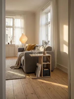 Moderner Beistelltisch in Sonoma Eiche 50x50x30 cm am Sofa im hellen skandinavischen Wohnzimmer mit großem Fenster_#sku_SAFWL5.314#
