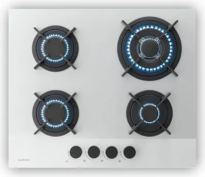 Obrázok produktu pre Klarstein Velaire plynová varná doska, 4-platničková sklenená plynová varná doska, 8000 W, 60 cm, LPG a zemný plyn, elektrické zapaľovanie, ochrana proti zlyhaniu plameňa, vrátane prestavbovej sady a hadice, biela