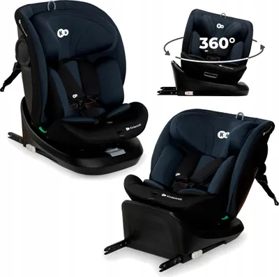 A collage of images showing a dark blue and black child car seat from different angles, including one demonstrating its 360-degree rotation.