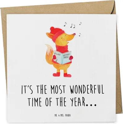 Produktbild von Mr. & Mrs. Panda Grußkarte Fuchs Sänger - Weiß - Geschenk, Winter, Heiligabend, doppelkarte, Weihnachten, faltkarte, anlasskarte, Weihnachtslieder, Singen, Klappkarte