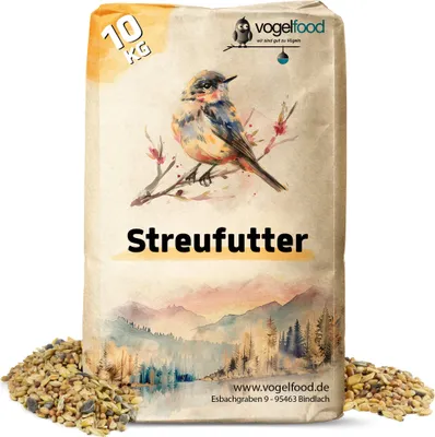 A bag of bird food with a watercolor illustration of a bird and a landscape.