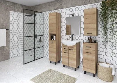 Produktbild von Badezimmer-Schrank mit Spiegel Wandregal Eiche, 80 x 60 cm