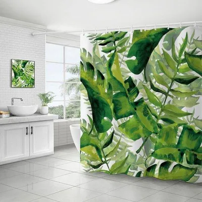 Obrázek produktu pro Voděodolná, zelená sprchová závěsa z polyesteru s ochranou proti plísním, rozměry 180x180 cm, omyvatelná, s botanickým vzorem