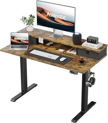 Image de Bureau réglable en hauteur avec 2 tiroirs | Bureau électrique de 100 x 60 cm, bureau gaming avec 2 positions de mémoire, bureau pour le télétravail, couleur marron