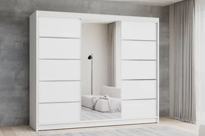 Produktbild von Easy Furniture D6 Schiebetüren Kleiderschrank 200 cm mit Spiegel - Schlafzimmermöbel, Aufbewahrung - Mehrzweckschrank - Farbe: Weiß - 3 Schiebetüren - Kleiderschrank