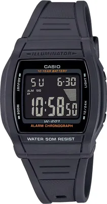 A black digital Casio watch is shown from the front against a white background.
