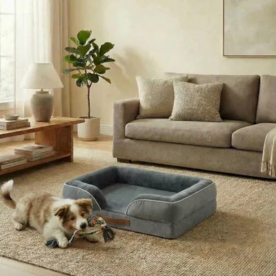 Produktbild von Pebble Premium Orthopädisches Hundebett 71 x 59 cm – Egg-Foam-Matratze, Hundesofa mit Rand, abnehmbarer Bezug, waschbar, Grau (M)