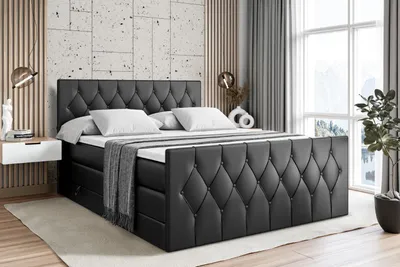 Produktbild von ALTDECOR Boxspringbett mit Matratze und Lattenrost  - VELANTO KING  - 200x200 cm -Schwarz Kunstleder - Topper, Fußteil, Polsterbett mit Bettkasten, Bett mit Stauraum H3 - und H4 - Matratze, Doppelbett, Springboxbett