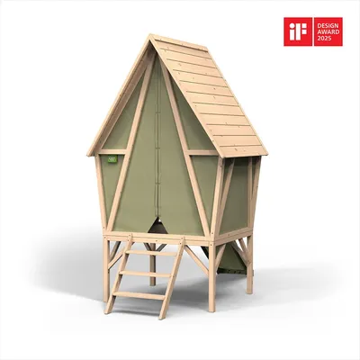 A wooden playhouse with a green canvas tent, elevated on legs with a ladder.