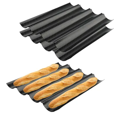 Immagine prodotto di Set di 3 stampi per baguette, dimensioni 38 x 33 cm, con rivestimento antiaderente, per la preparazione di 4 baguette per stampo, colore nero