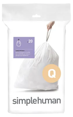 Productafbeelding van simplehuman CW0176 Code Q, afvalzakken met perfecte pasvorm, 50-60 liter, verpakking met 20 stuks, wit