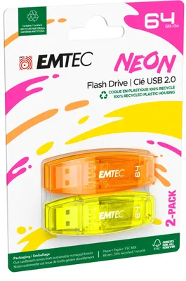 Produktbild von EMTEC C410 Neon 64GB Flash Drive - USB 2.0 - Transparent Neon mit Kappe, 2 Stück