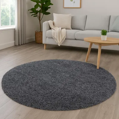 Produktbild von Weicher Shaggy Teppich in Grau – pflegeleichter Hochflor Teppich für alle Wohnräume Größe - 160 cm Rund