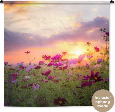 Produktbild von MuchoWow® Wandteppich Wandbehang Sonnenuntergang - Blumen - Rosa - Natur - Grün 150x150 cm Tapisserie Dekoration Wandtuch - Wohnaccessoires - Modernes