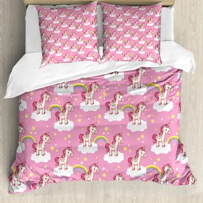 Produktbild von ABAKUHAUS Kindergarten Bettbezug Set, Nette Einhörner, die auf Wolken mit Regenbogen und Sternen auf rosa Skylinen stehen, 155 x 220 cm + 80 x 80 cm, Weiß Gelb Rosa