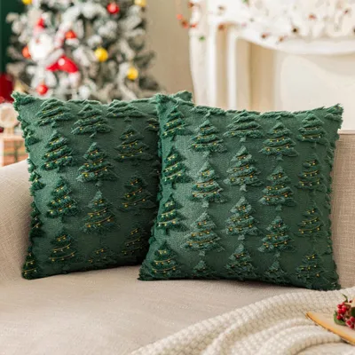 Productafbeelding van Kussensloop, kerstthema, 2 stuks, 45x45 cm, kunstwol, groen, met kerstboommotief